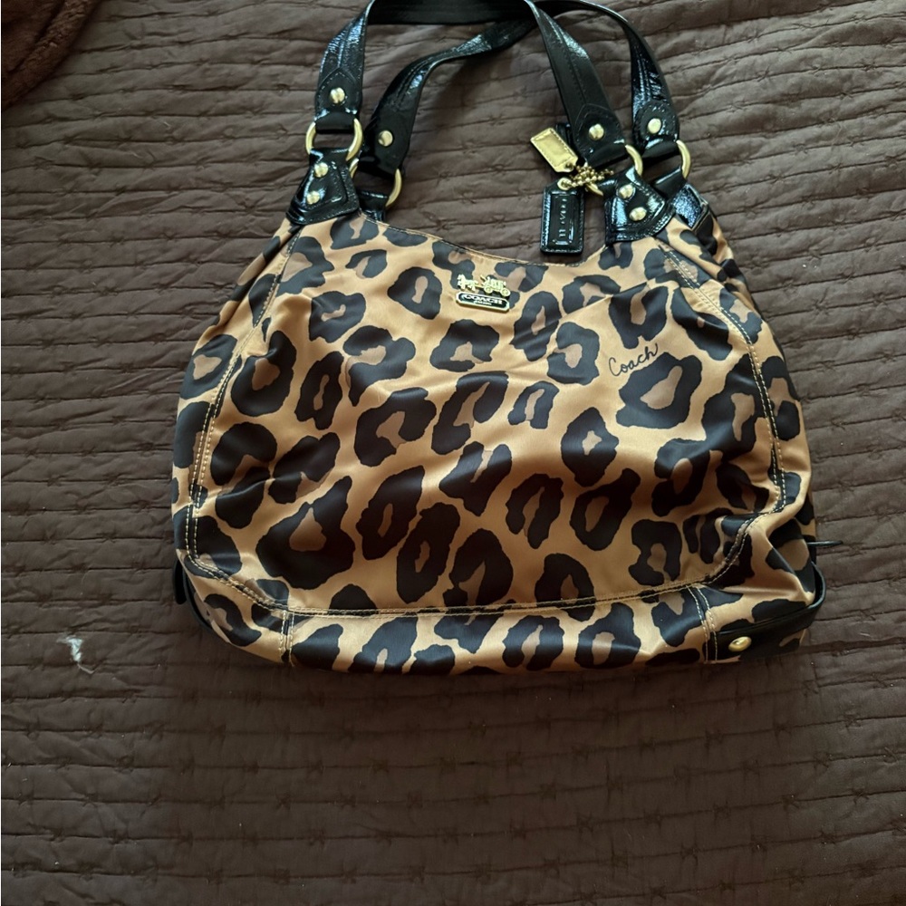 Coach Tan and Black Leopard Print Shoulder Bag